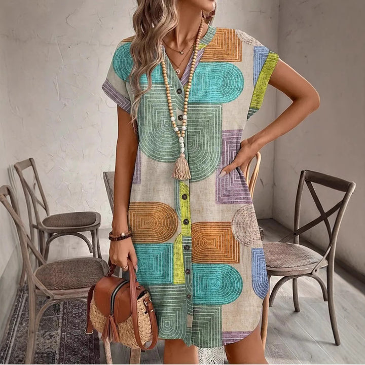 Damen Hemdblusenkleid mit geometrischem Muster und praktischen Knopfdetails Drune