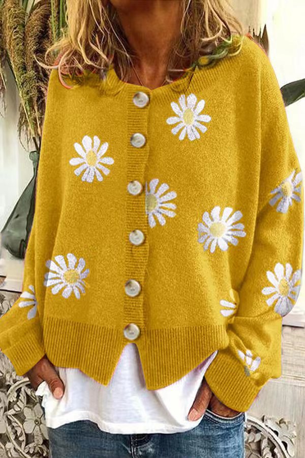 Damen Oversize Strickcardigan mit Knopfleiste und Gänseblümchen-Print Drune