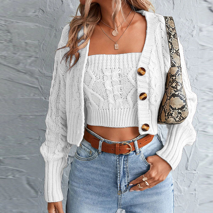 Damen lässiges Strick-Set mit offener Jacke und Crop-Top Drune