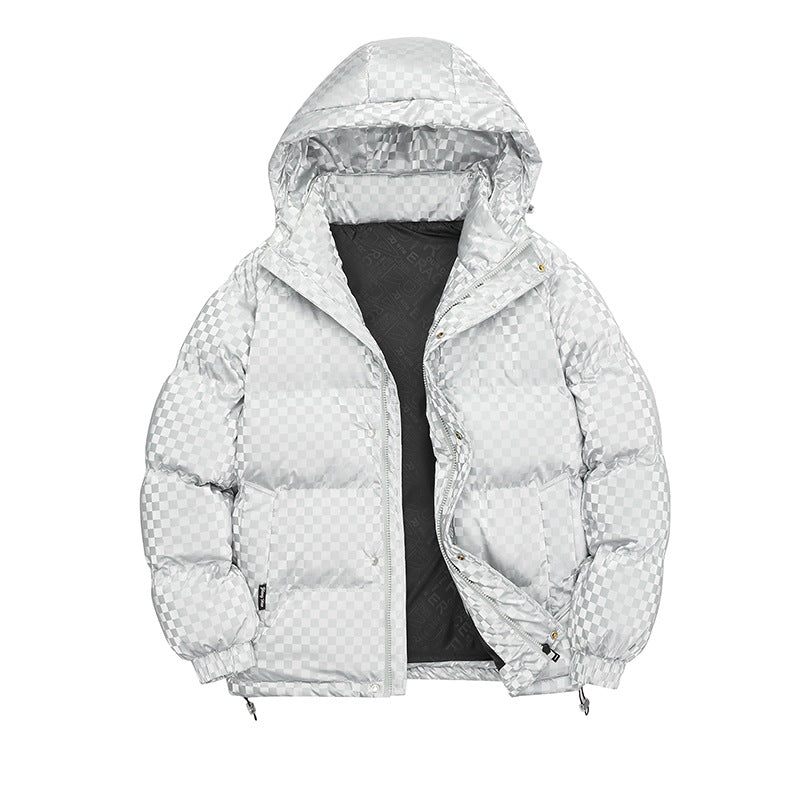 Herren Hochglänzende gesteppte Thermojacke mit Kapuze & Karo‑Struktur Drune