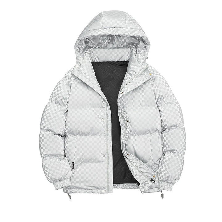Herren Hochglänzende gesteppte Thermojacke mit Kapuze & Karo‑Struktur Drune