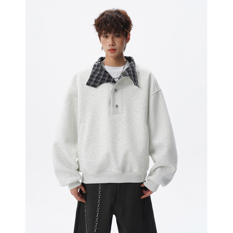 Unisex Oversized Sweatshirt mit abnehmbarem Karo-Kragen und Druckknopfleiste Drune