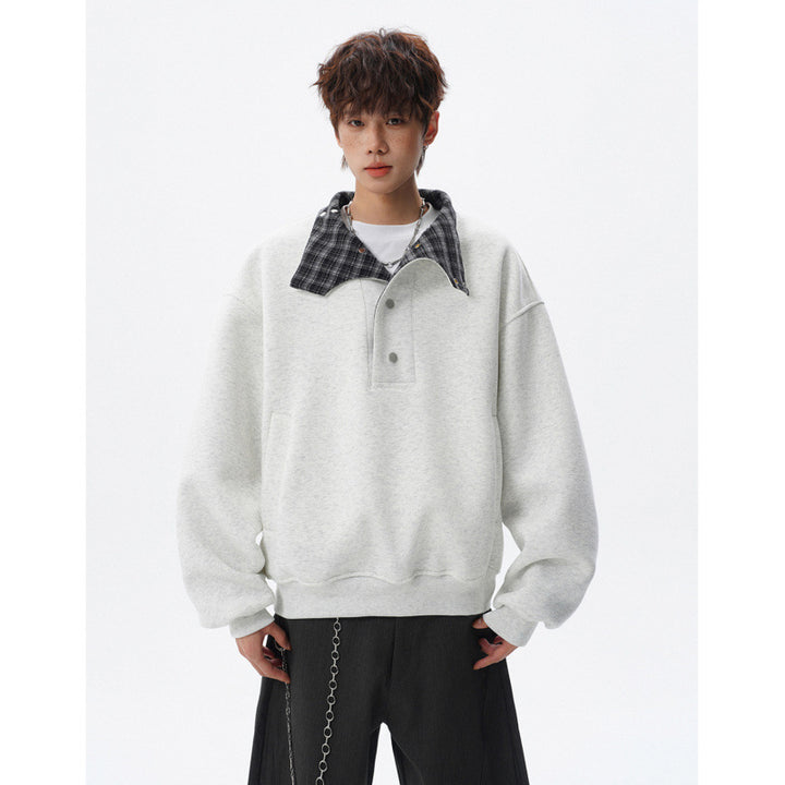 Unisex Oversized Sweatshirt mit abnehmbarem Karo-Kragen und Druckknopfleiste Drune