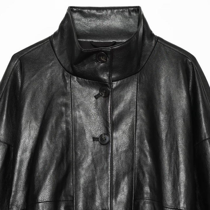 Damen Kurze Kunstleder‑Bomberjacke mit hohem Funnelkragen und elastischem Saum Drune