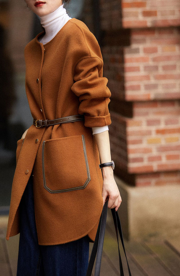 Damen Lässiger und eleganter Wollmantel mit Gürtel Drune