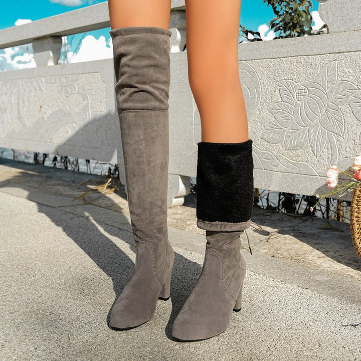 Damen Overknee-Stiefel mit geschwungenem Blockabsatz und weichem Veloursimitat Drune