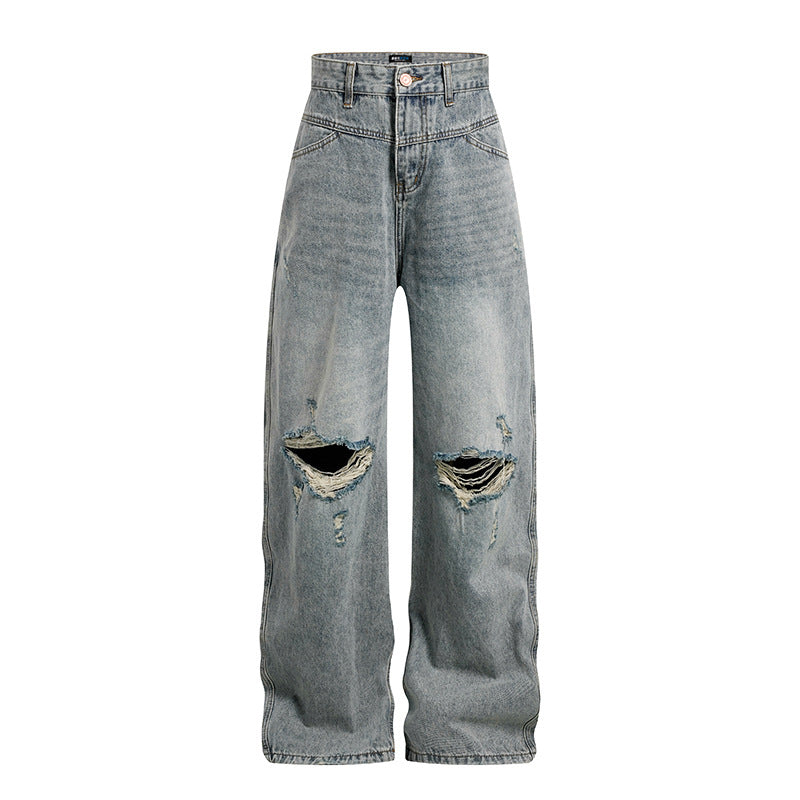 Damen Weite hochgeschnittene Palazzo-Jeans mit Destroyed-Kniepartie Drune