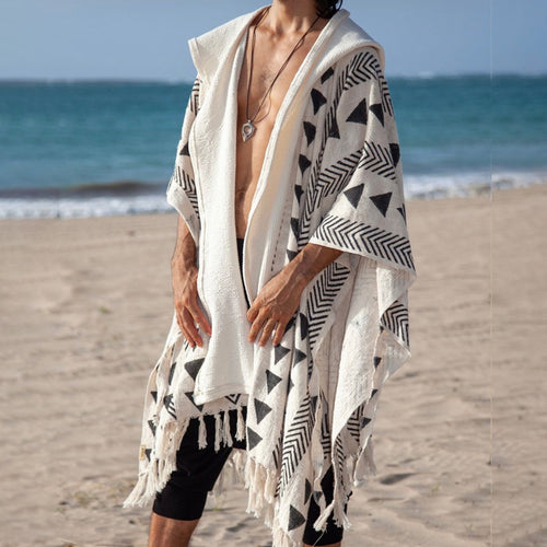 Herren Strandponcho mit Kapuze und geometrischem Jacquardmuster Drune