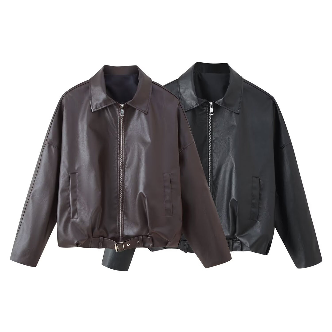 Damen modische Kunstlederjacke mit Taillengürtel Drune