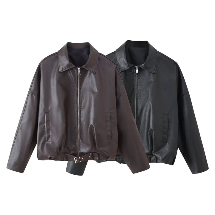 Damen modische Kunstlederjacke mit Taillengürtel Drune