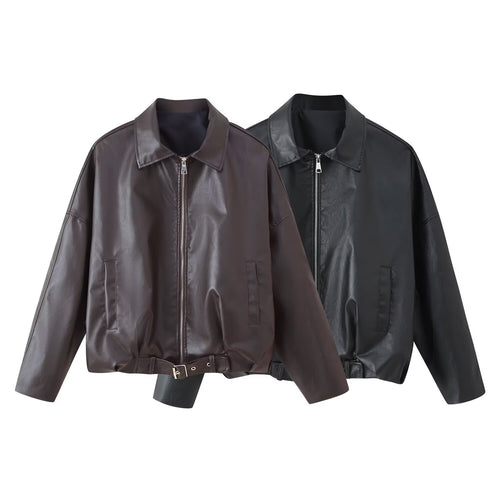 Damen modische Kunstlederjacke mit Taillengürtel Drune