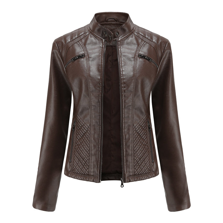 Damen nan taillierte Bikerjacke aus Kunstleder mit Stepppaneelen und Stehkragen Drune