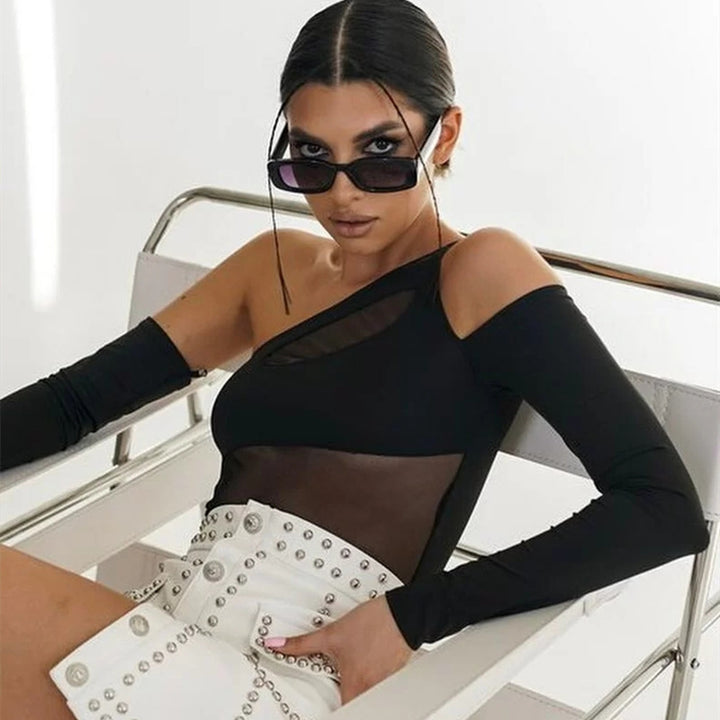 Damen Trendy One-Shoulder Body mit transparenten Einsätzen Drune