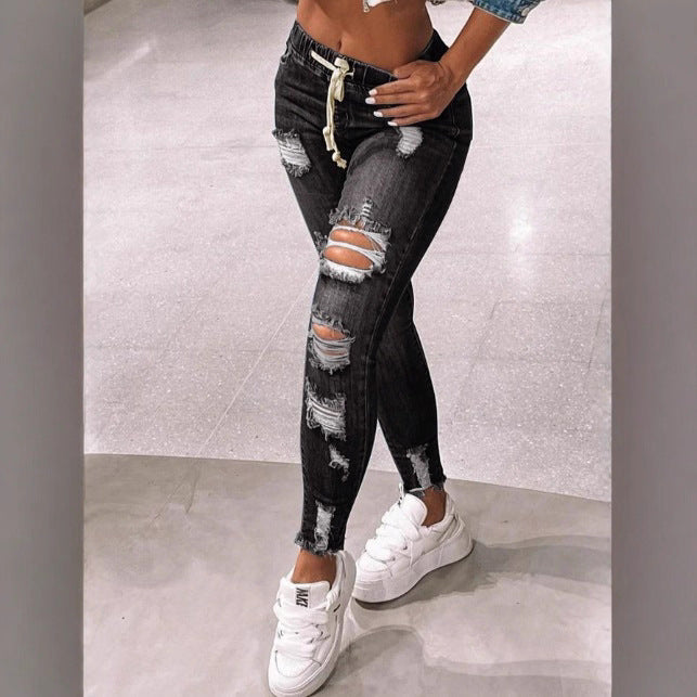 Damen High‑Waist Destroyed Denim‑Jeggings mit Tunnelzug und rohem Saum Drune