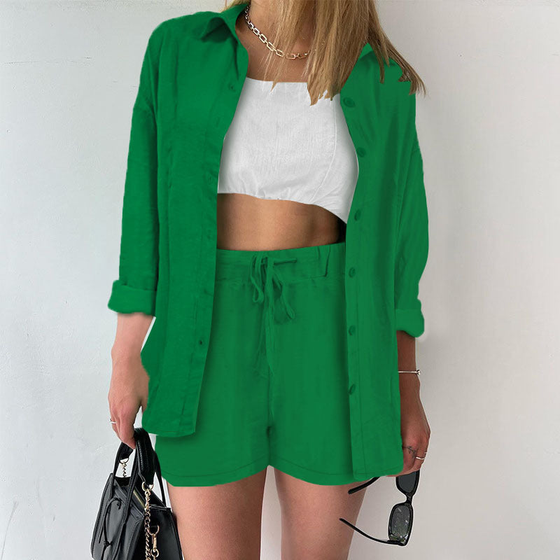Damen Leinenoptik dreiteiliges Sommer-Lounge-Set mit Oversize-Hemd Cropped-Top und High-Waist-Shorts Drune