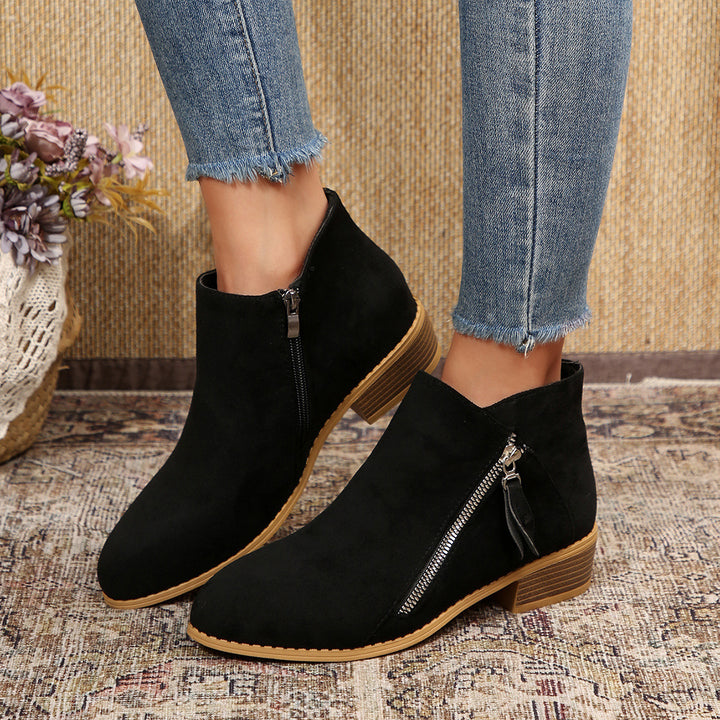 Damen Moderne Kurzschaft-Stiefelette mit sichtbarem Metallreißverschluss und niedriger Holzoptik-Blocksohle Drune