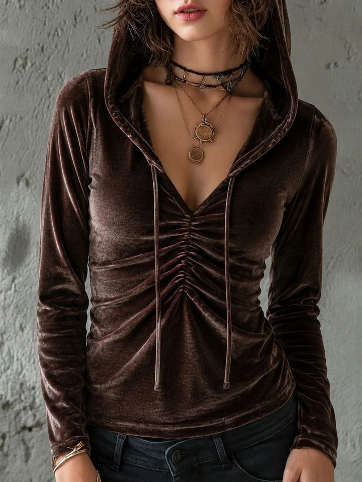 Damen Samt-Hoodie-Shirt mit geraffter V‑Ausschnitt‑Front Drune