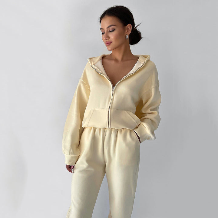Damen lässiges Fleece-Set mit Kapuze und elastischem Bund Drune