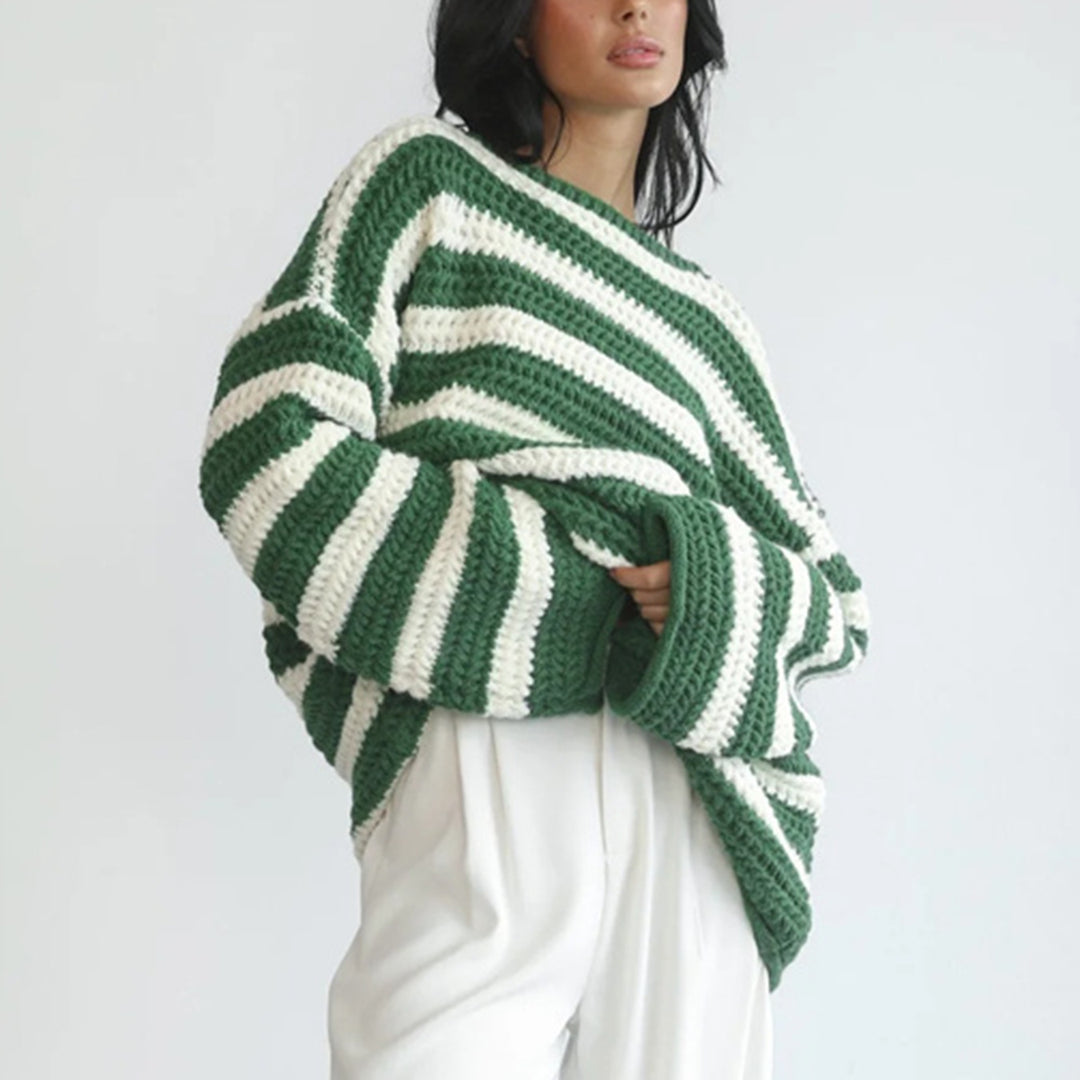 Damen lässiger Grobstrickpullover mit auffälligem Streifenmuster Drune