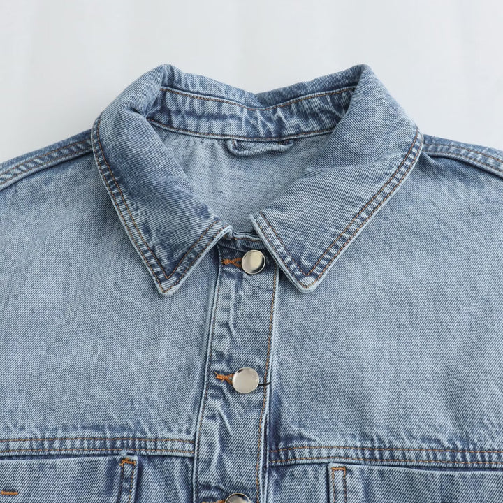 Damen nan cropped Oversize-Jeansjacke mit Tunnelzugsaum, aufgesetzten Brusttaschen und Metallknopfleiste Drune