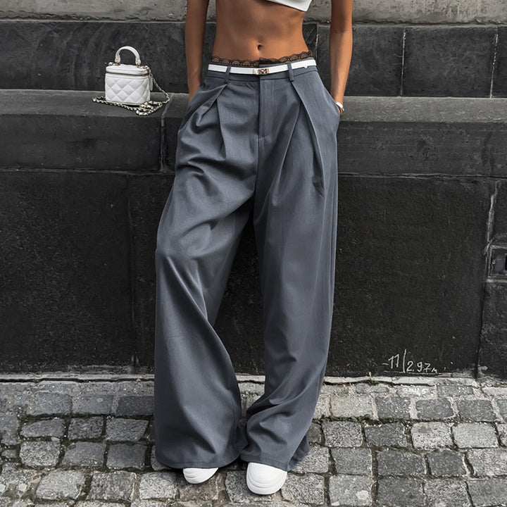 Damen elegante Weite Hosen mit hohe Taille und dekorativem Spitzenbund Drune