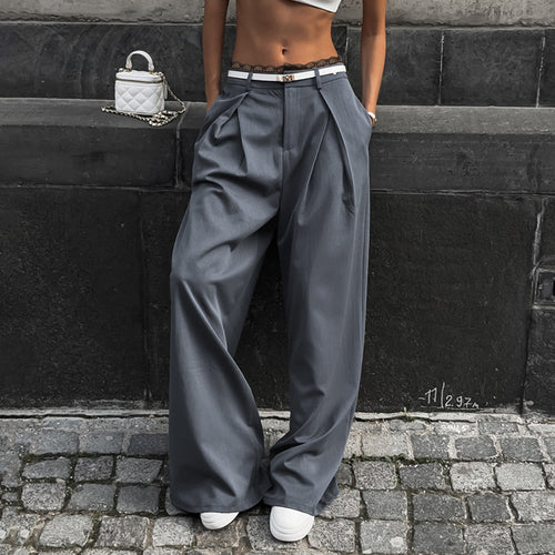 Damen elegante Weite Hosen mit hohe Taille und dekorativem Spitzenbund Drune
