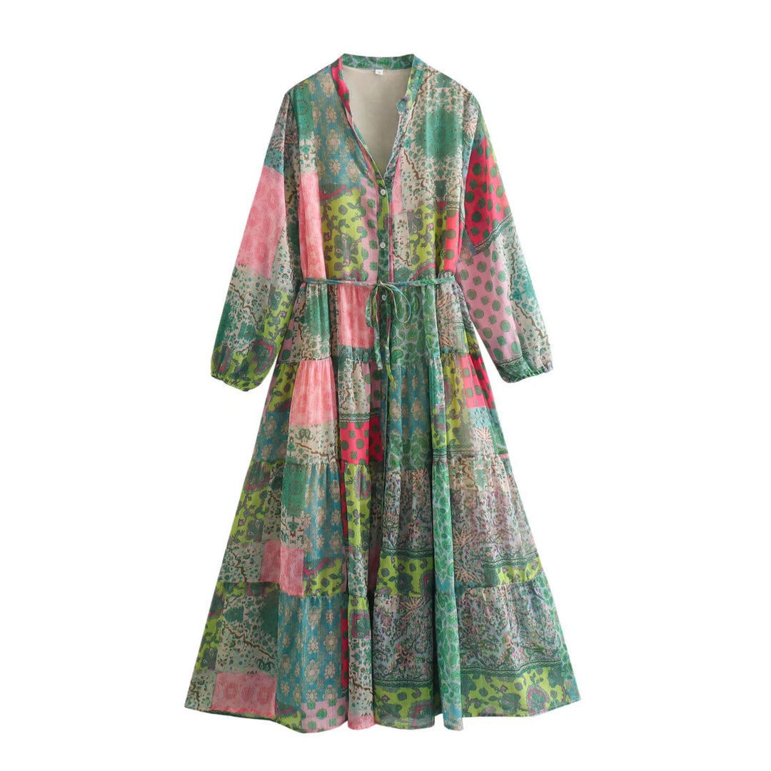 Damen Maxikleid mit Paisley‑Print, V‑Ausschnitt, Taillenband und Stufenrock Drune