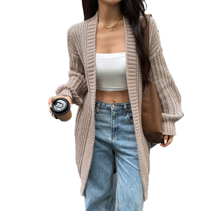 Damen nan lange Grobstrick-Cardigan mit offener Front und Ballonärmeln Drune