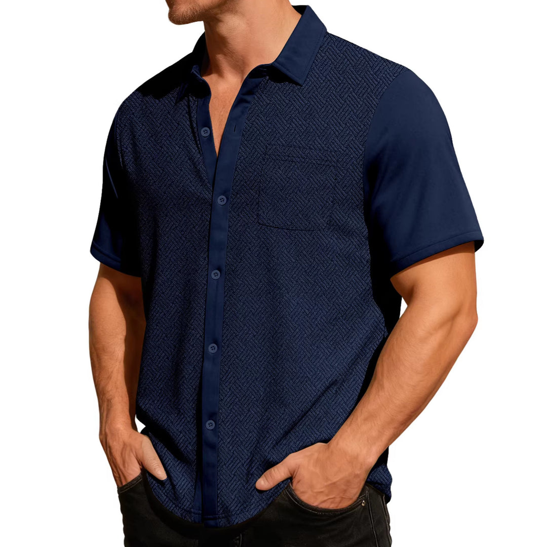 Herren nan legeres Kurzarmhemd mit Jacquardstruktur, kontrastierter Knopfleiste und Brusttasche Drune