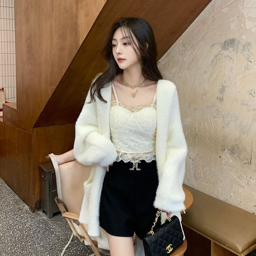 Damen Flauschiger Strickcardigan mit lässigen Taschen und offenem Schnitt Drune