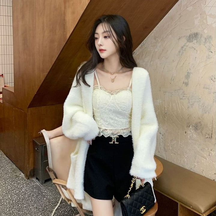Damen Flauschiger Strickcardigan mit lässigen Taschen und offenem Schnitt Drune