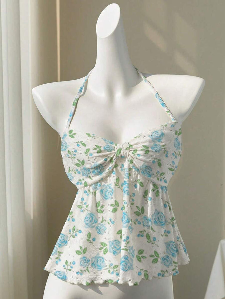 Damen romantisches Strandtop mit floralem Design und verspieltem Knoten Drune