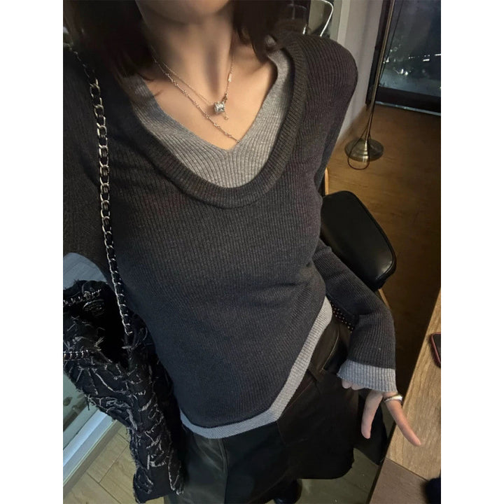 Damen V-Ausschnitt Feinstrickpullover mit Kontrastbündchen Drune