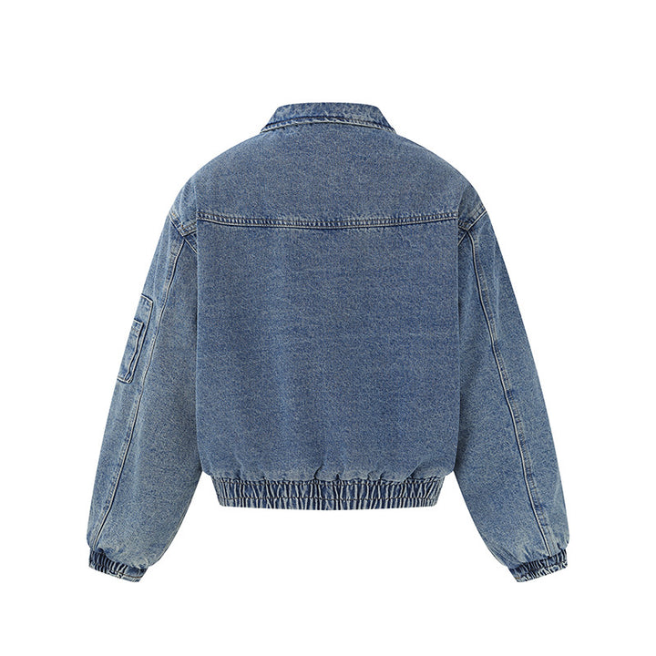 Unisex Boxy Denim‑Blousonjacke mit durchgehendem Reißverschluss, elastischem Saum und Ärmelutilitytasche Drune