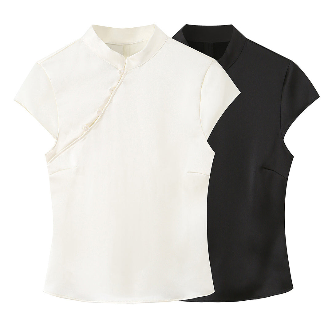 Damen elegantes Oberteil mit asymmetrischem Kragen und Knopfdetails Drune