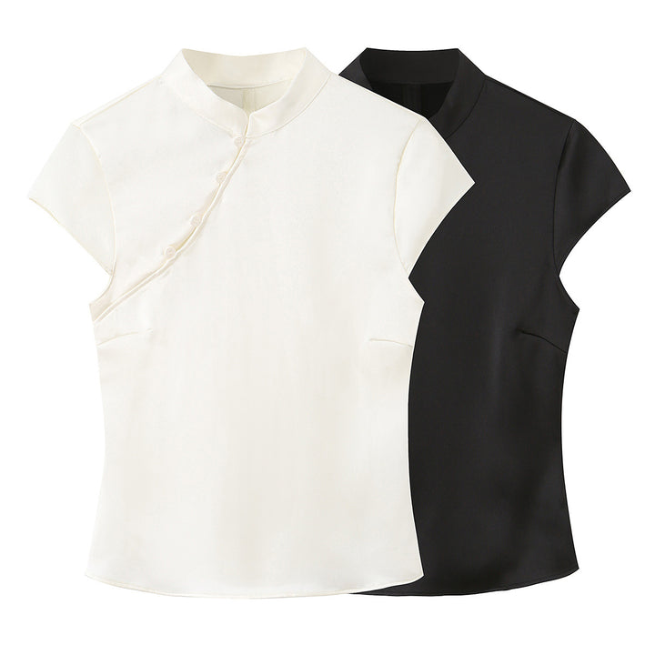 Damen elegantes Oberteil mit asymmetrischem Kragen und Knopfdetails Drune