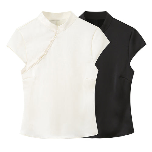 Damen elegantes Oberteil mit asymmetrischem Kragen und Knopfdetails Drune