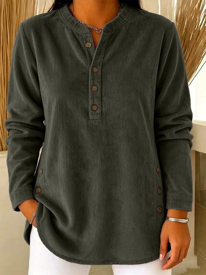 Damen Lässige Cordoptik‑Tunika mit Henley‑Kragen und Seitenknöpfen Drune