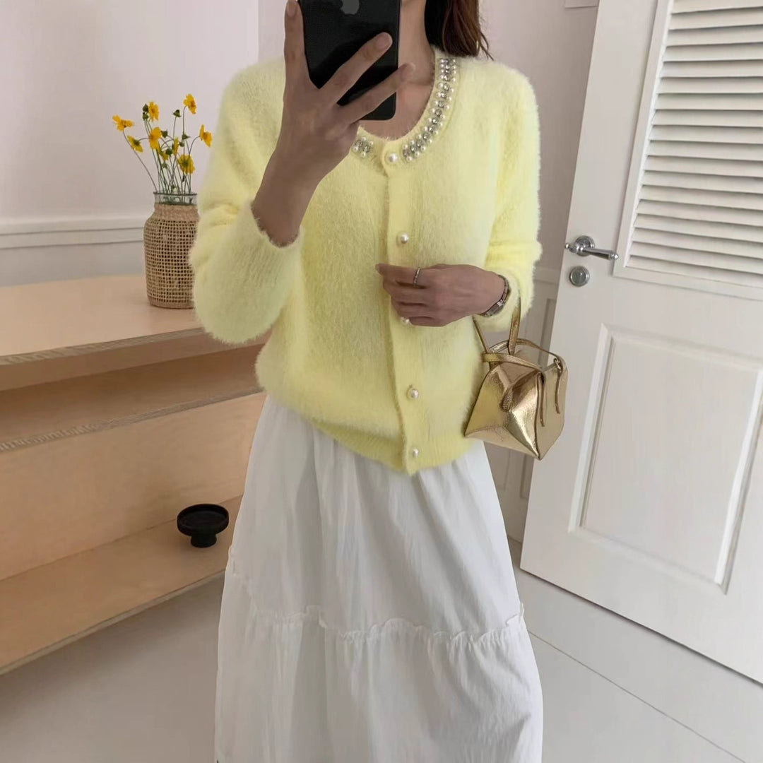 Damen Kuschelige Cardigan mit Perlen-Dekor Drune