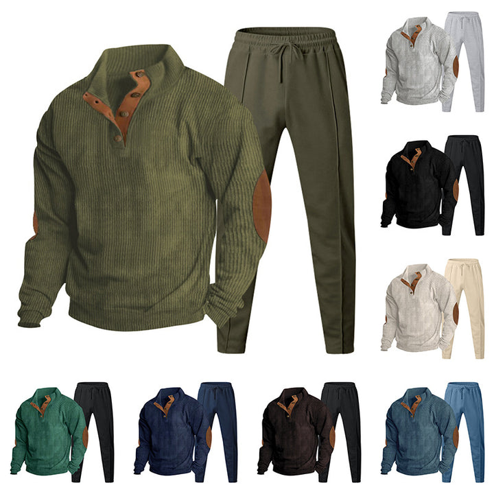 Herren Strukturiertes Henley-Loungewear-Set mit Ellenbogen-Patches & tapered Jogginghose Drune