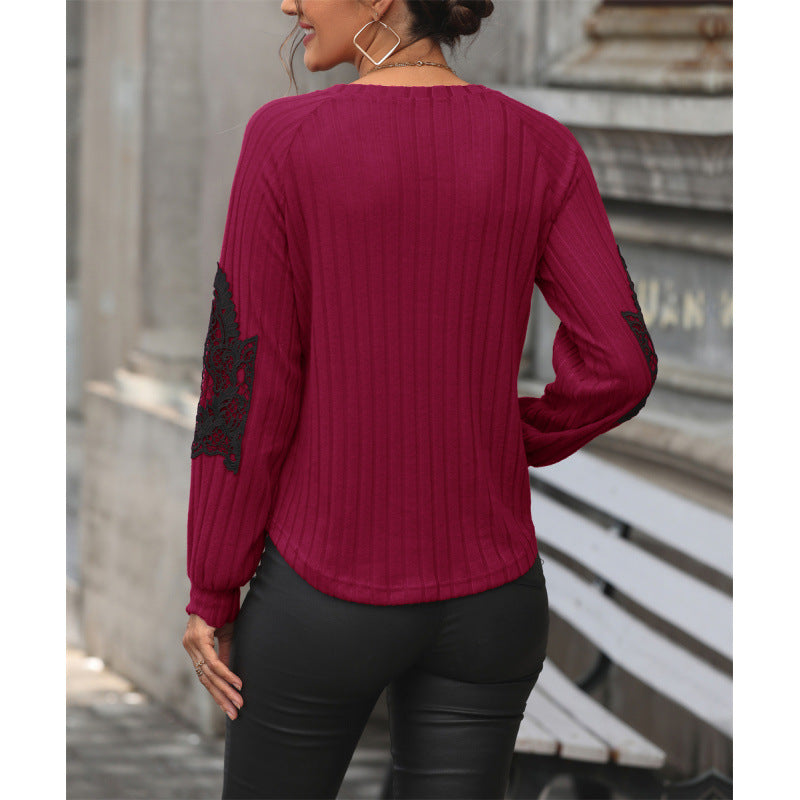 Damen V-Ausschnitt Pullover mit eleganten Spitzenärmeln und Rippstruktur Drune