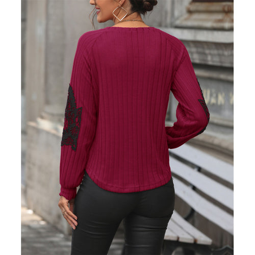 Damen V-Ausschnitt Pullover mit eleganten Spitzenärmeln und Rippstruktur Drune