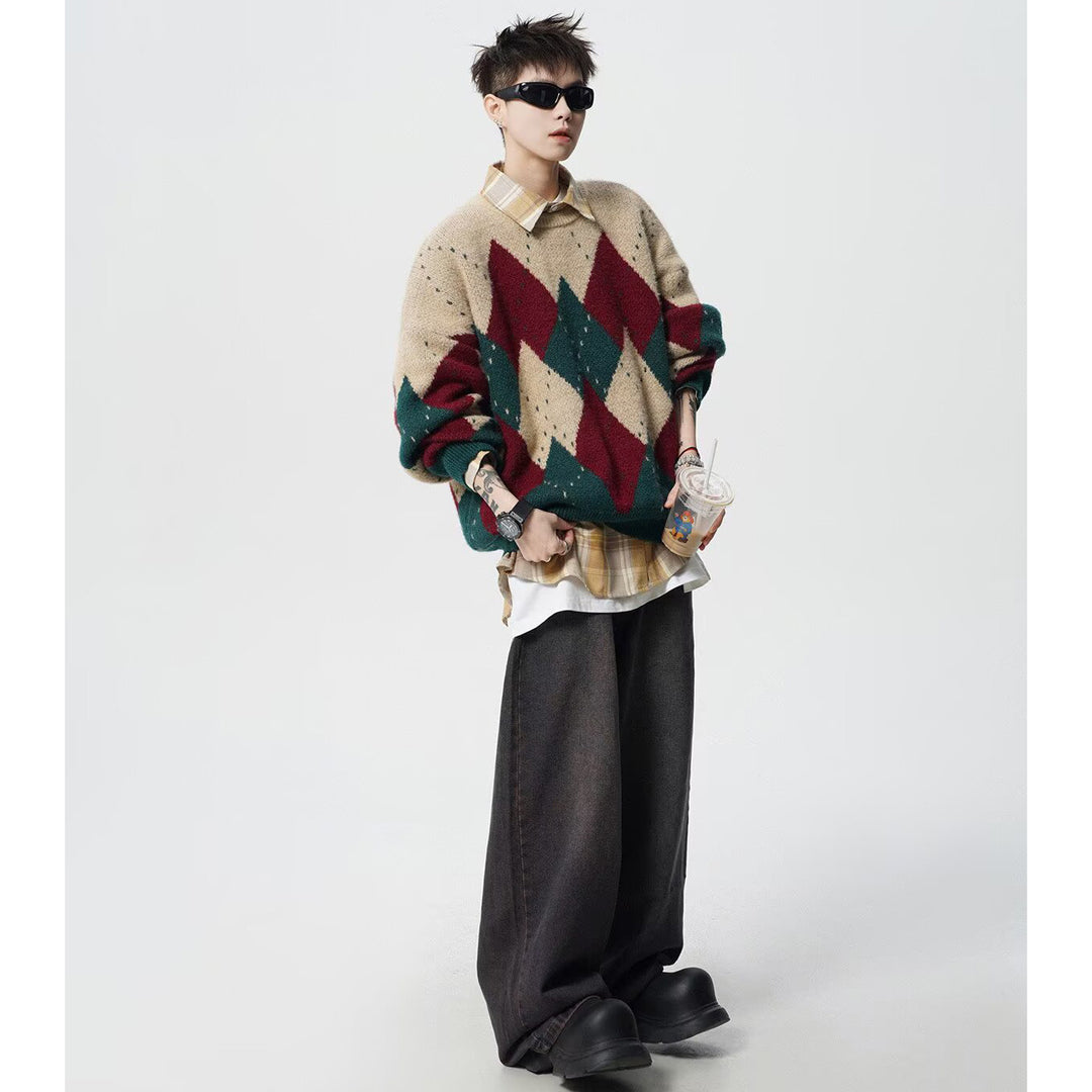 Unisex Grobstrickpullover mit Rautenmuster Drune