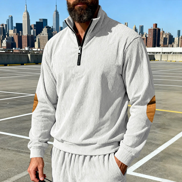 Herren Cord-Struktur-Halbzip-Pullover im Relaxed-Fit mit Stehkragen und Ellbogen-Patch Drune