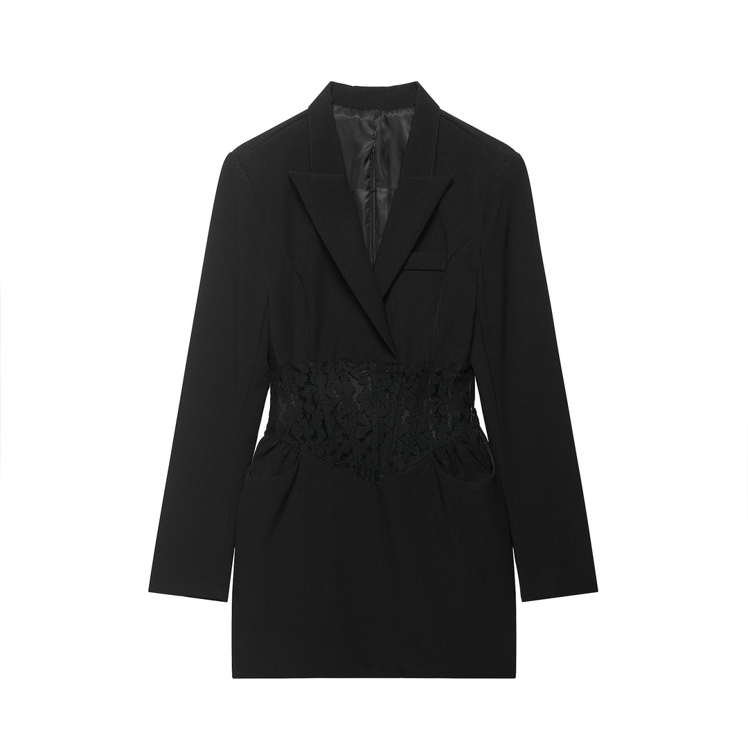Damen 20+ tailliertes Blazerkleid mit Spitzen‑Corsage und Pattentaschen Drune