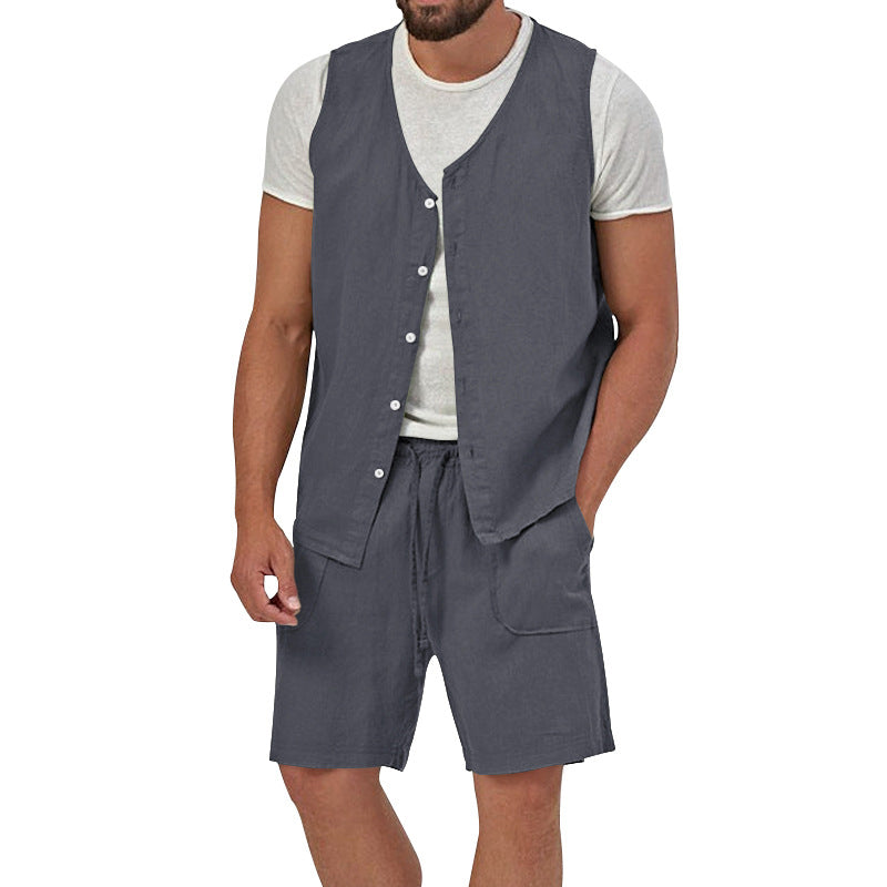 Herren nan zweiteiliges Freizeit-Set mit ärmelloser Knopfweste und weiten Kordelzug-Shorts mit aufgesetzten Taschen Drune