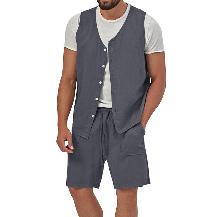 Herren nan zweiteiliges Freizeit-Set mit ärmelloser Knopfweste und weiten Kordelzug-Shorts mit aufgesetzten Taschen Drune