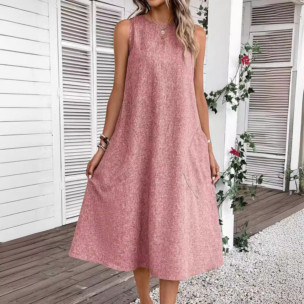 Damen lässiges Midi-Kleid mit tiefem Ausschnitt und praktischen Taschen Drune