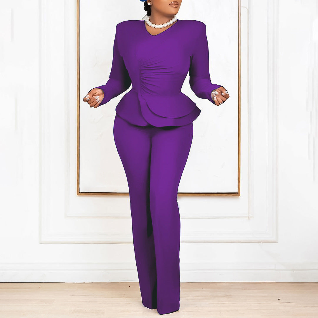 Damen eleganter Jumpsuit mit peplum Schnitt und langen Ärmeln Drune
