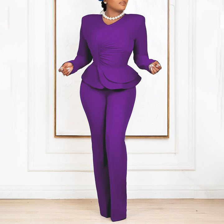 Damen eleganter Jumpsuit mit peplum Schnitt und langen Ärmeln Drune